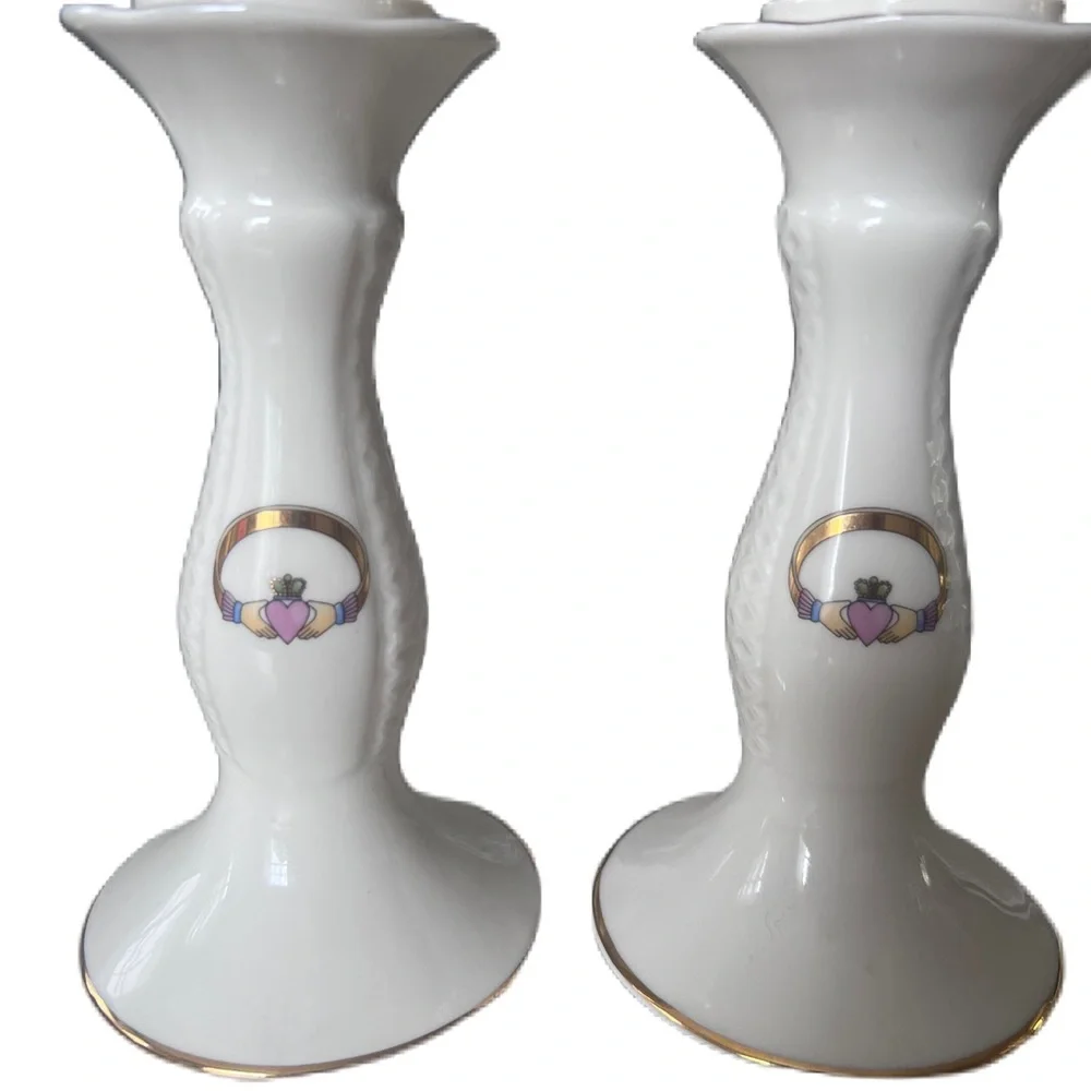 Claddagh Candlestick Holders Porcelain gold trim ivory white Donegal Parian
